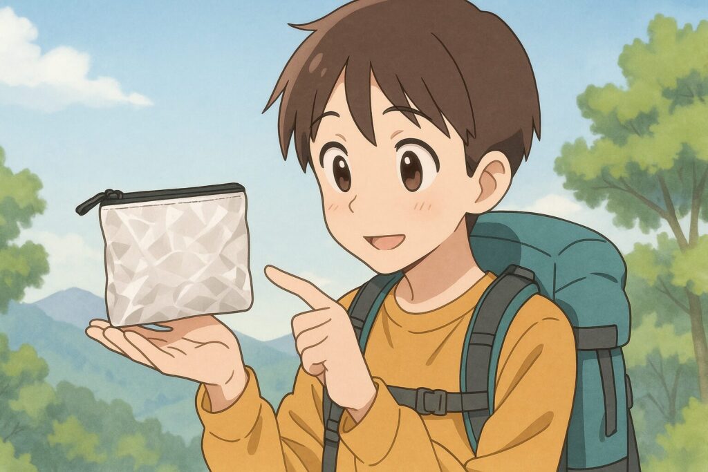 ダイニーマ素材の軽量登山財布を見せる男性ハイカーのイラスト

