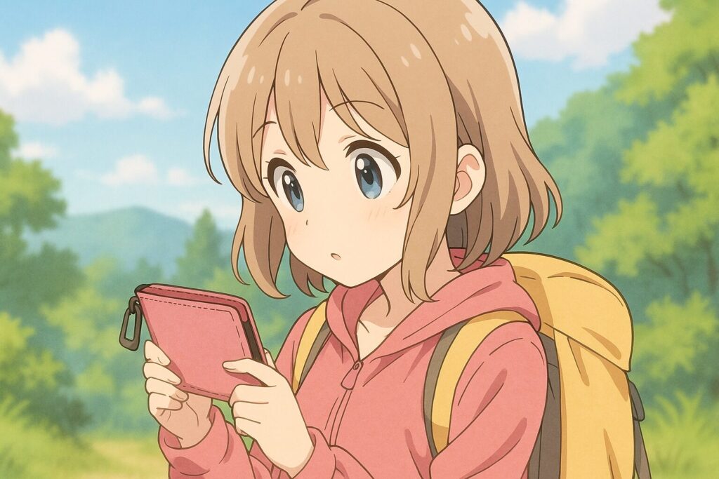 登山用の財布を手にする女の子が山道でじっくり確認している様子