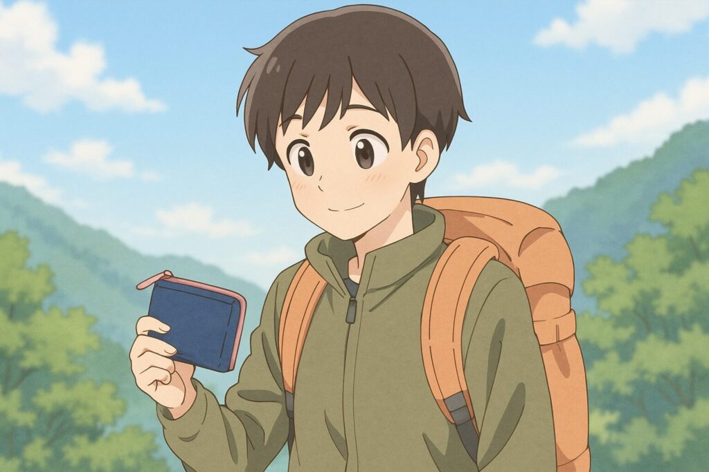登山用の財布を手に持つ若い男性ハイカーのアニメ風イラスト