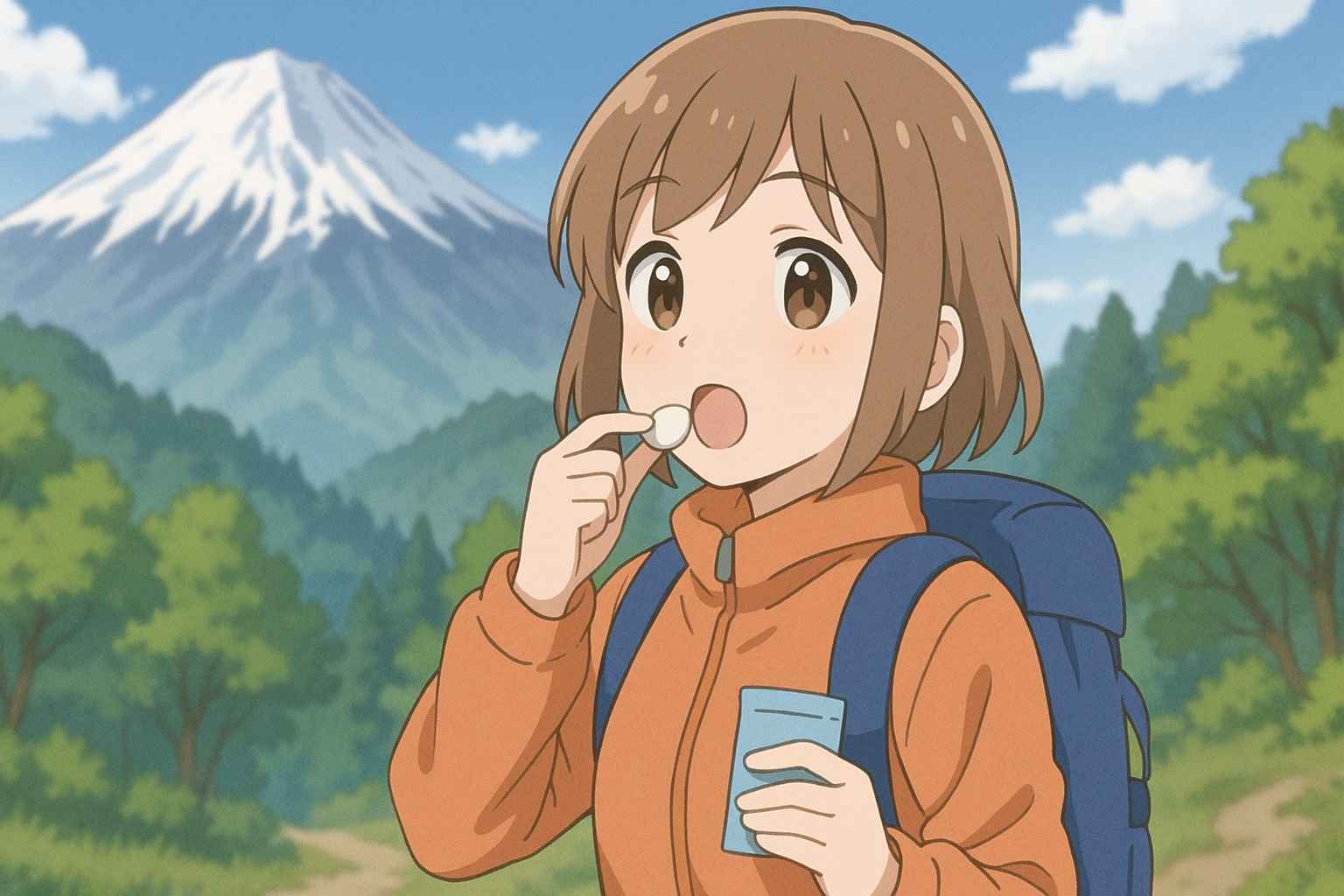 登山中の少女と酸素サプリ