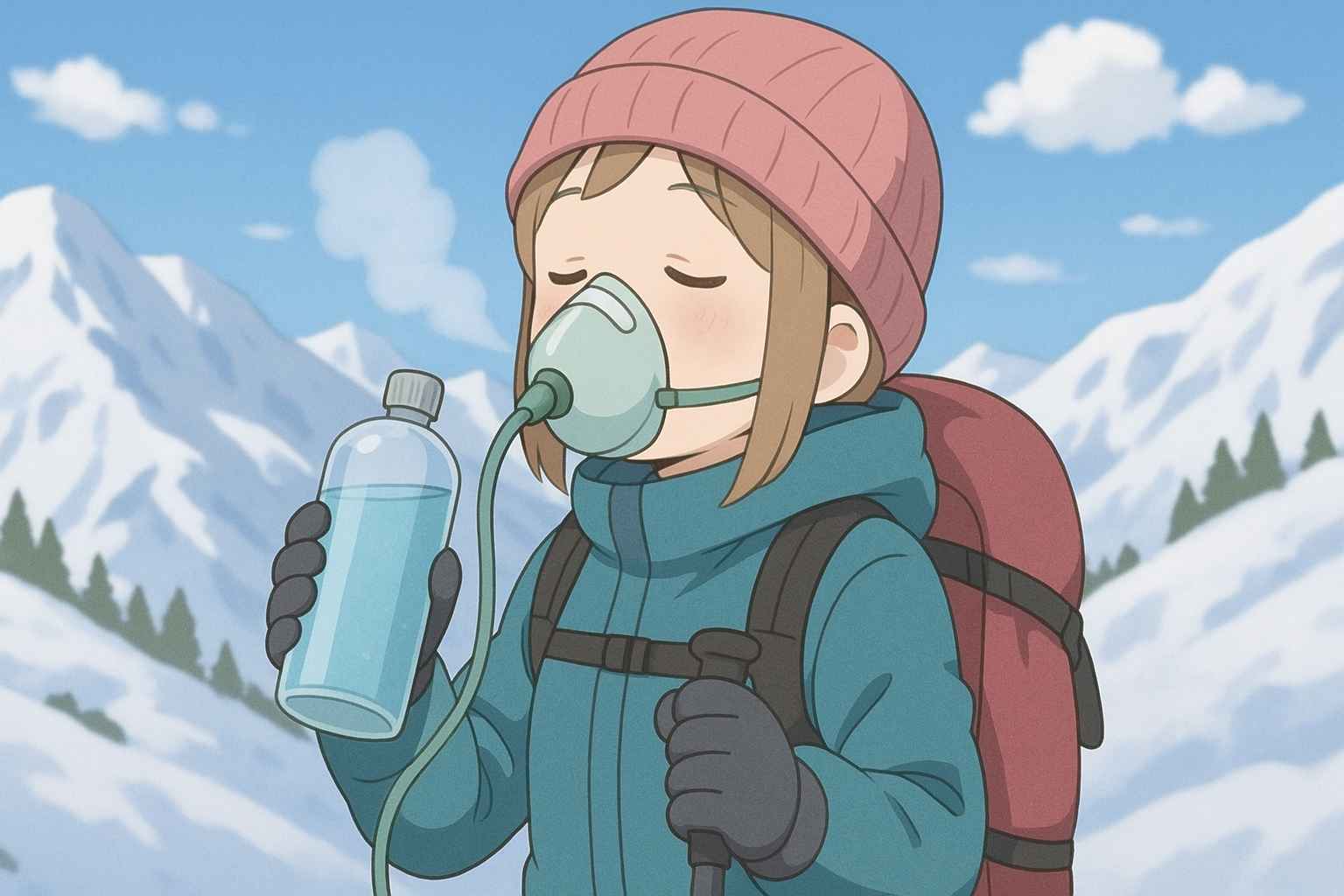 登山中に食べる酸素を試す登山者の様子